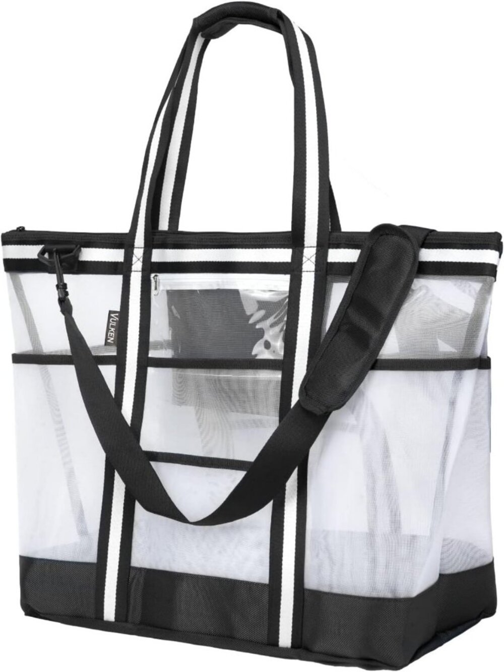Extra Large 42L Mesh Beach Tote Bag with 9 Pockets & Top Zip Closure - Perfect